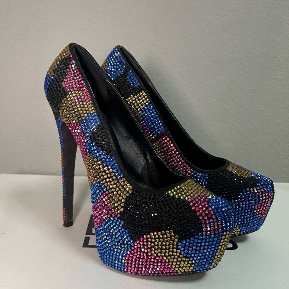 Steve Madden Black and Multicolor Rhinestone Heels